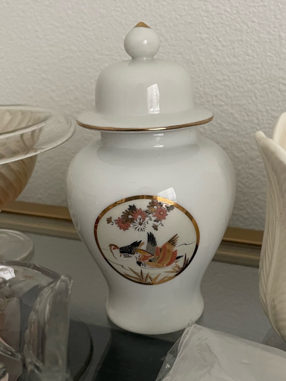White Porcelain Ginger Jar with Gold Trim and Floral Bird Medallion